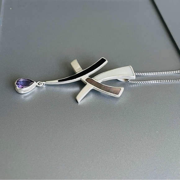 Vintage Abstract Pendant Necklace W/ Amethyst Onyx Abalone Pearl Sterlin… - Picture 3 of 6